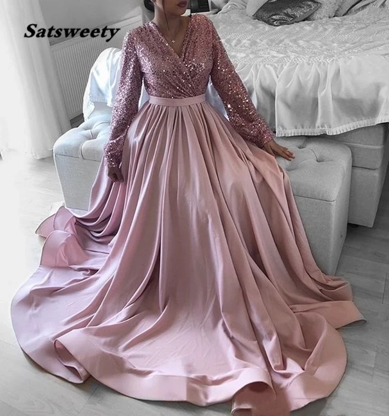 

Pink V-Neck Long Sleeve Formal Dress Women Elegant Sequin Bodice Satin Skirt A-Line Plus Size Evening Dresses Robe Soiree Dubai