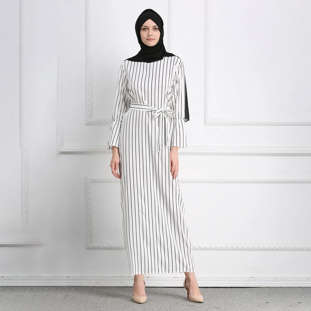 Abaya Dubai American Clothing Stripe printing Caftan Dress Back with zipper Hijab abayas for women Has a belt Muslim Fashion