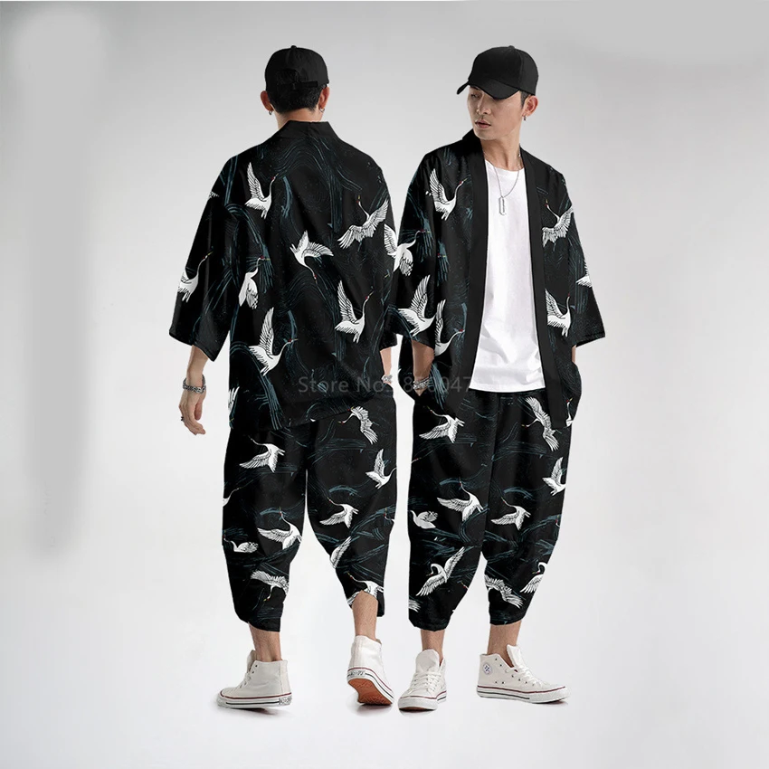 Japanische Traditionelle Stil Kostüm Männlichen Harajuku Lose Kurzarm Top Hosen Freizeit Mode Druck Gemusterten Streetwear