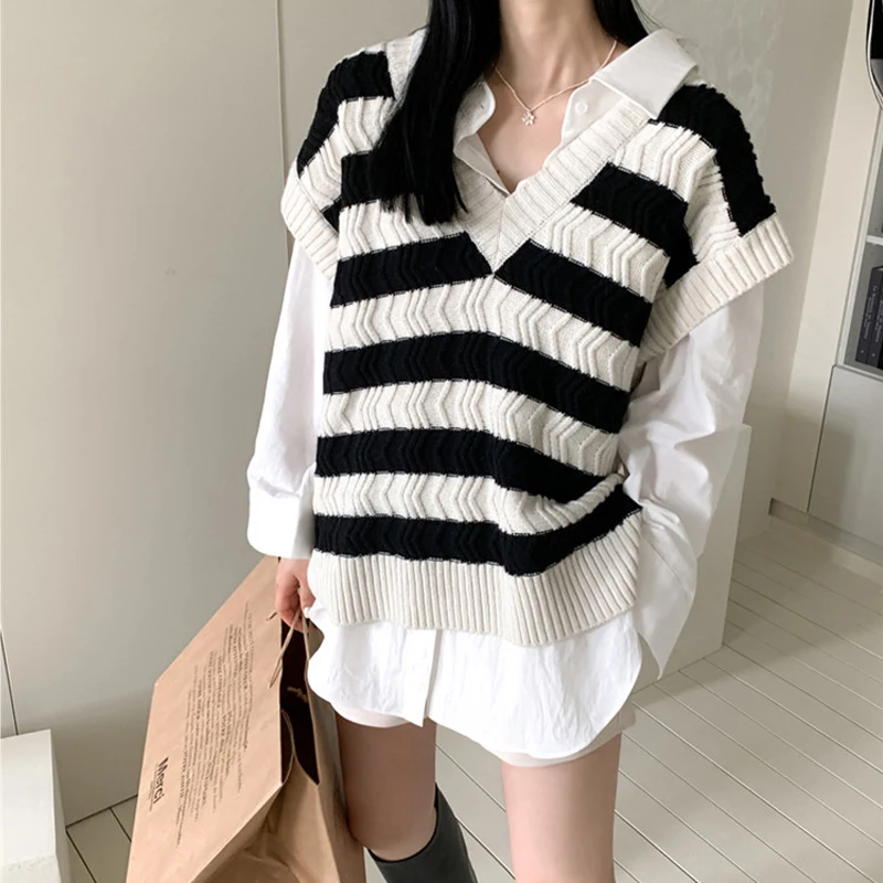 Casual Basic Sleeveless Sweater Jacket Coat, V-Neck Striped Knitted Vest, Plus Size Pullover, Spring Waistcoat, 2023