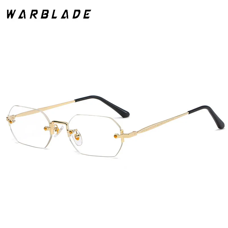 WarBLade 2023 nowych mężczyzn prostokątne okulary przeciwsłoneczne bez oprawek ośmiokątny małe okulary kobiet metalowy złoty wielokąt niebieski brązowy Uv400 bez ramki — zdjęcie 7