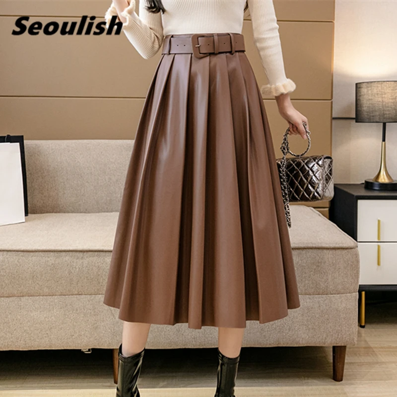 

Seoulish Autumn Winter PU Faux Leather Women's Long Skirts with Belted 2021 New High Waist Vintage Umbrella A-Line Skirts Female