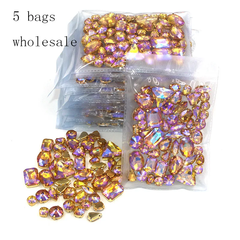 Hot sale Wholesale 5 bags mixed shape sew on glass Yellow AB gold base rhinestones diy dress/Clothing accessories