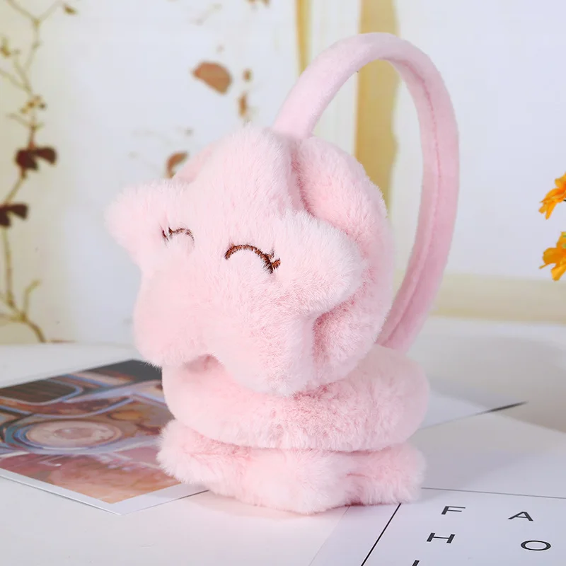 Orejeras cálidas para niños y niñas, bonitos bolsos de felpa rosa con estrella de cinco puntas, dibujos animados, invierno, novedad