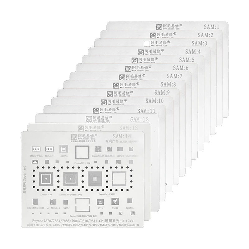 

Трафарет Amaoe SAM1-21 для реболлинга BGA для Samsung A10-A70, A54, A53, S10, S25, S23, S22, S21, S20, A12, A13, A14, Note 20, 10 (процессоры, ОЗУ, микросхемы питания)