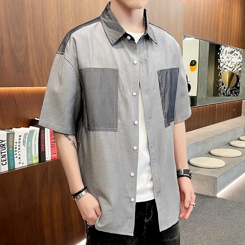 Summer New Color Matching Shirt for Men's Pure Cotton Square Collar Japanese Short Sleeves Fake Pocket Casual Slim Tops Clothes