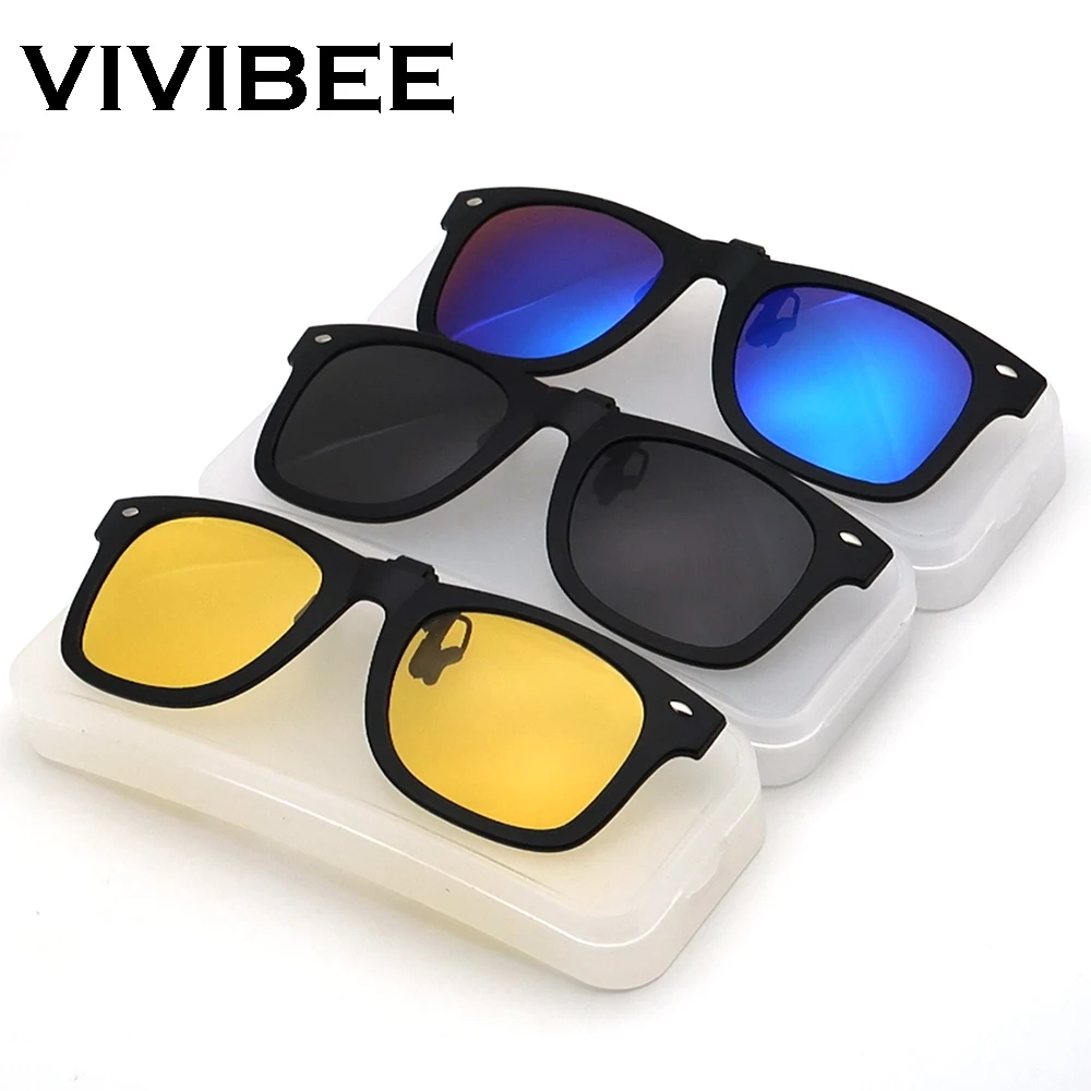 VIVIBEE Flip Up Clip on Sun Glasses for Men Driving Sunglasses Light Fishing Female Anti-UVA UVB Polarized Night Vision Lens