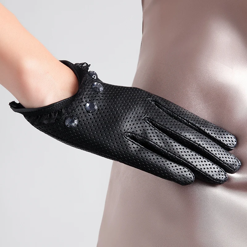 Guantes de cuero para conducir para mujer, manoplas delgadas sin forro perforadas, estilo hueco, cortas, para primavera y otoño