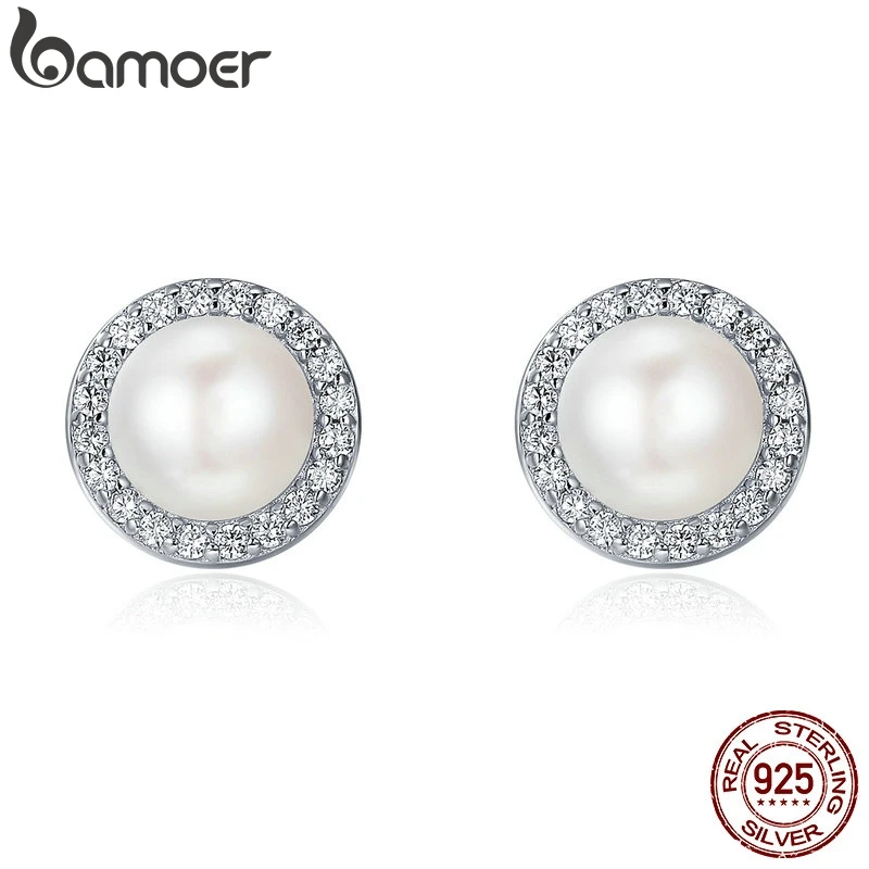 Bamoer 925 Sterling Silver Classic Round Fresh Water Pearl Stud Earrings Pave Setting CZ for Women Engagement Jewerly SCE122