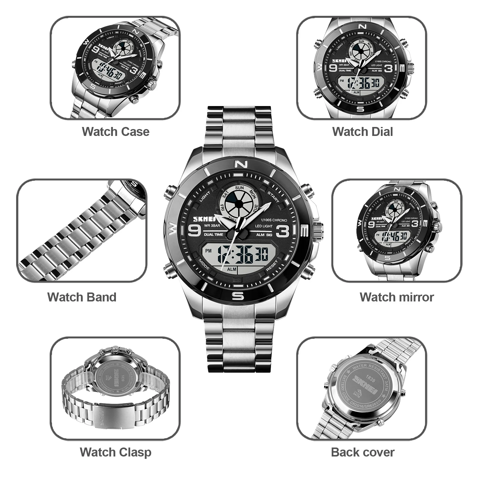 Imagem -02 - Skmei-luxo Homens Relógio de Quartzo de Aço Dual Time Chrono Relógios Digitais Design Original Relógio de Pulso Despertador Marca Top