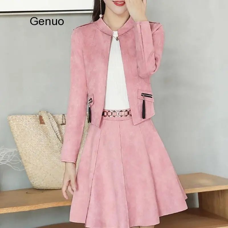 Women's Skirt Set Fashion Slim Jacket Skirts Long Sleeve Two-piece Women Elegant Suede Women's Dress Sets 2020 Autumn New