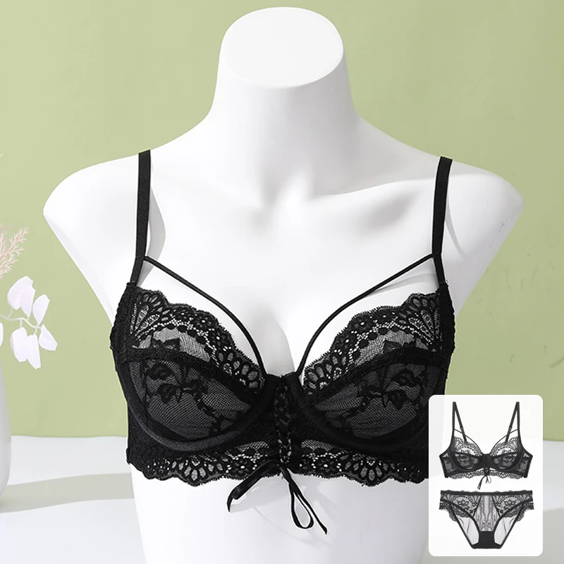 2021 Black Transparent Underwear Women Set Plus Size D E Mesh Embroidery Lace Bra And Panties Push Up Sexy Women\'s Lingerie Sets