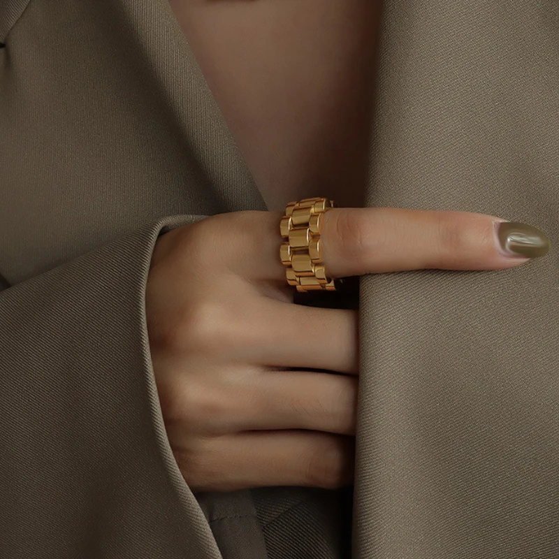 1cm Wide Watch Chain Shape Ring Stainless Steel High Quality Gold Color Fashion Jewelry Ring For Women
