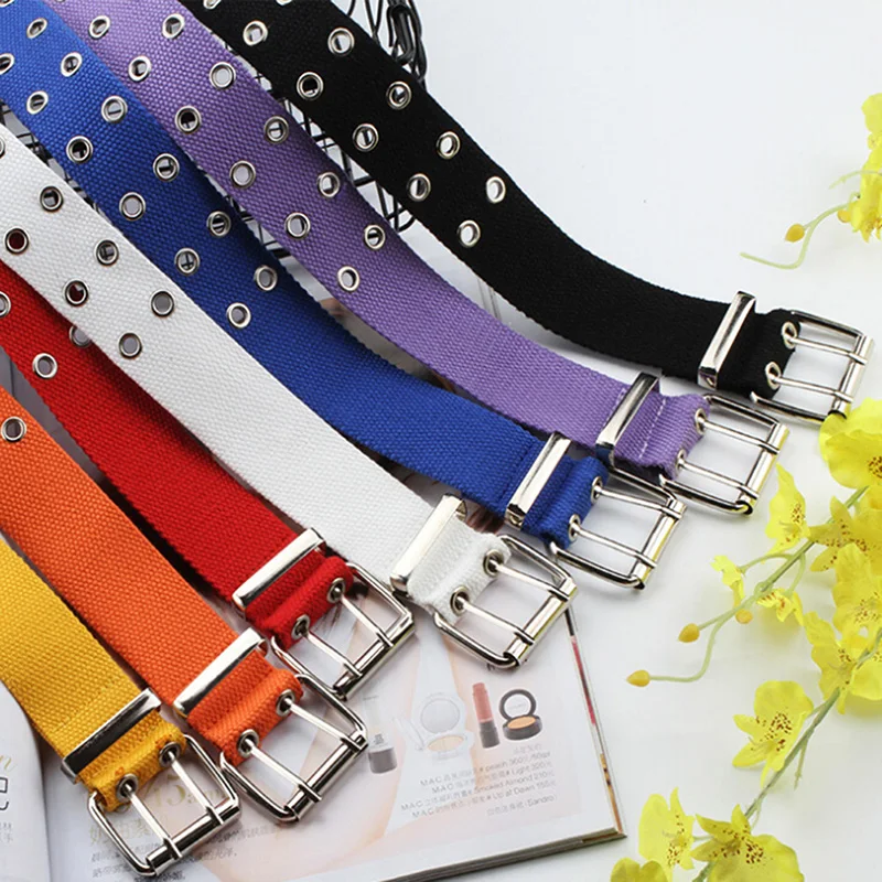 Double Grommet Hole Buckle Belt Wide Canvas Web Belt Female Male Waist Strap Belts