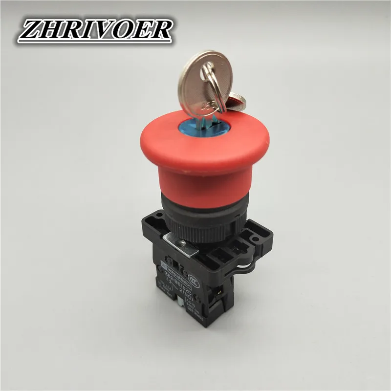 22mm XB2-ES142C 40mm Mushroom Head Emergency Stop Push Button Switch with Key 10A/600V