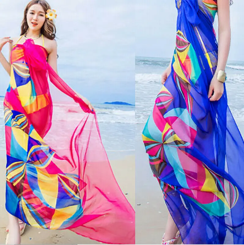 Summer Women Cover Up Chiffon Beach Bikini Print Sheer Loose Bandage Wrap Scarf Pareo Swimwear Sarong Ladies Beachwear