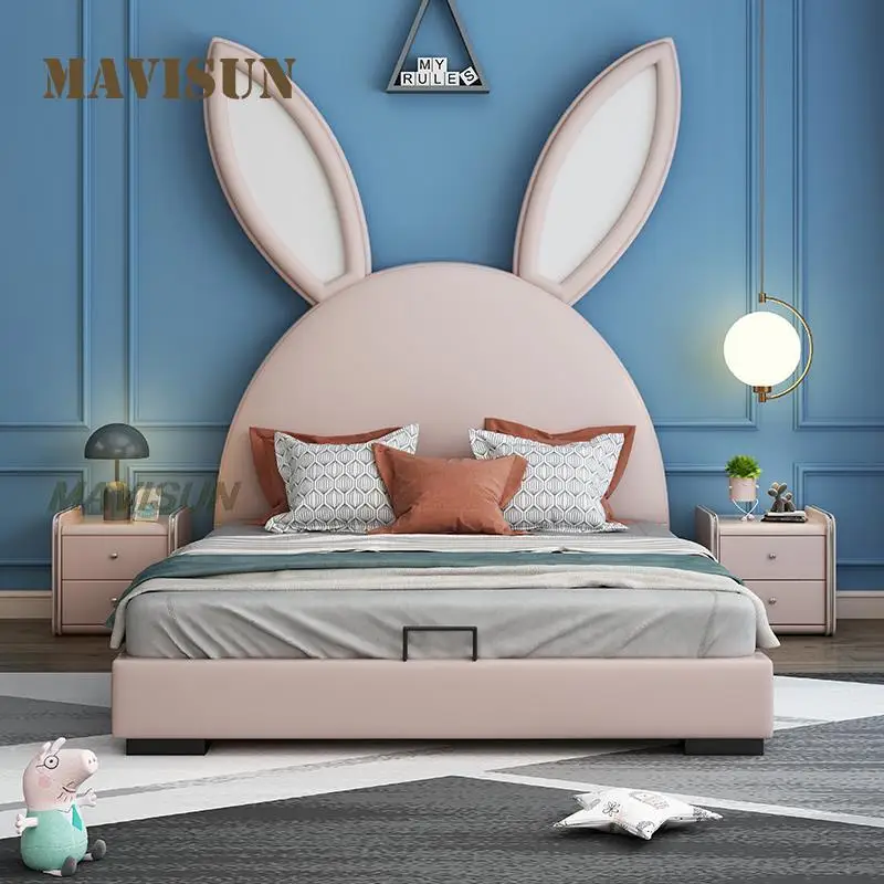 New Queen Size Cartoon Bed For Kids Girl Child Liked Frame Bedroom Easy Assemble Furniture Light Pink Height Soft-Packed Beds