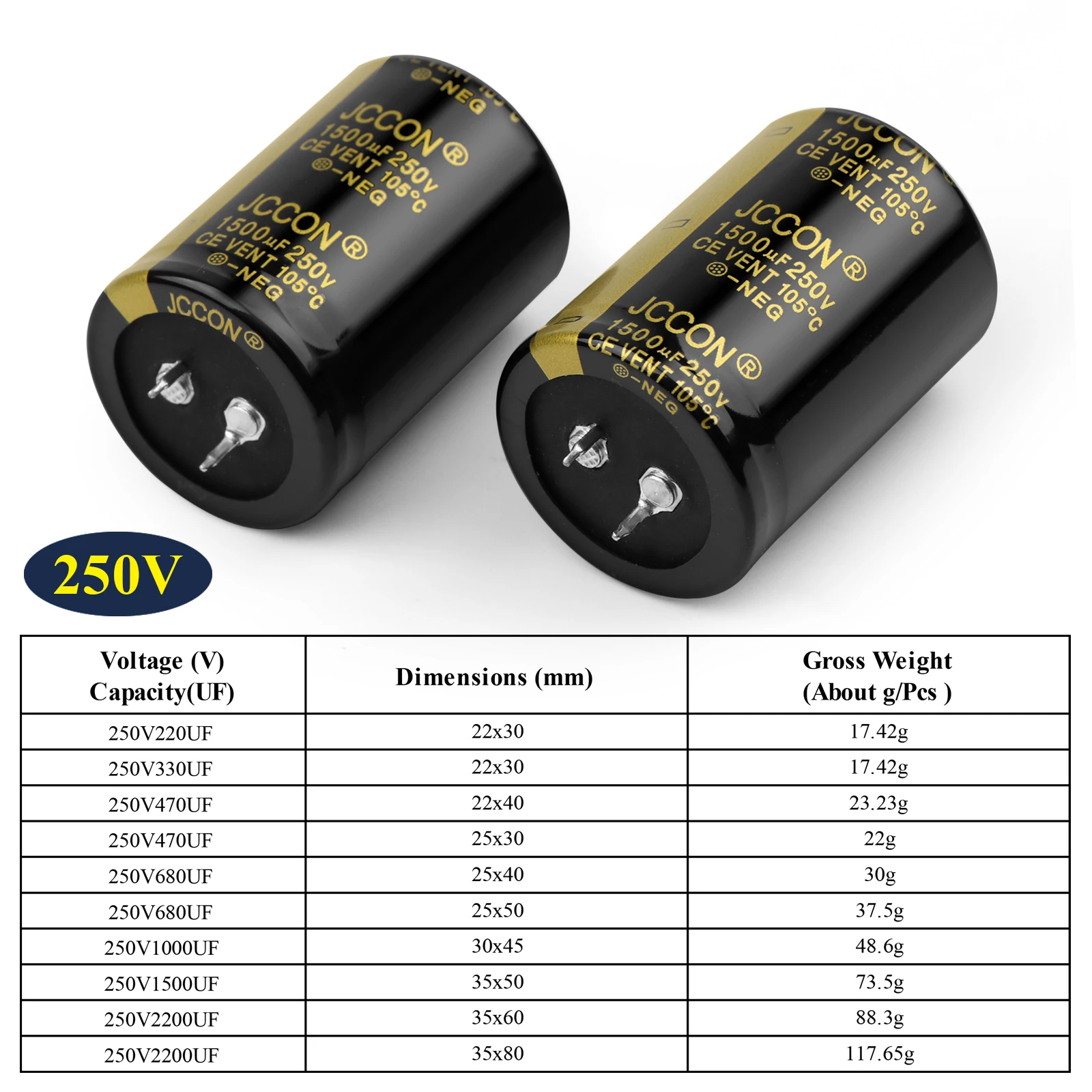 2Pcs JCCON Audio Electrolytic Capacitor 250V 220UF 330UF 470UF 680UF 1000UF For Audio Hifi Amplifier High Frequency Low ESR