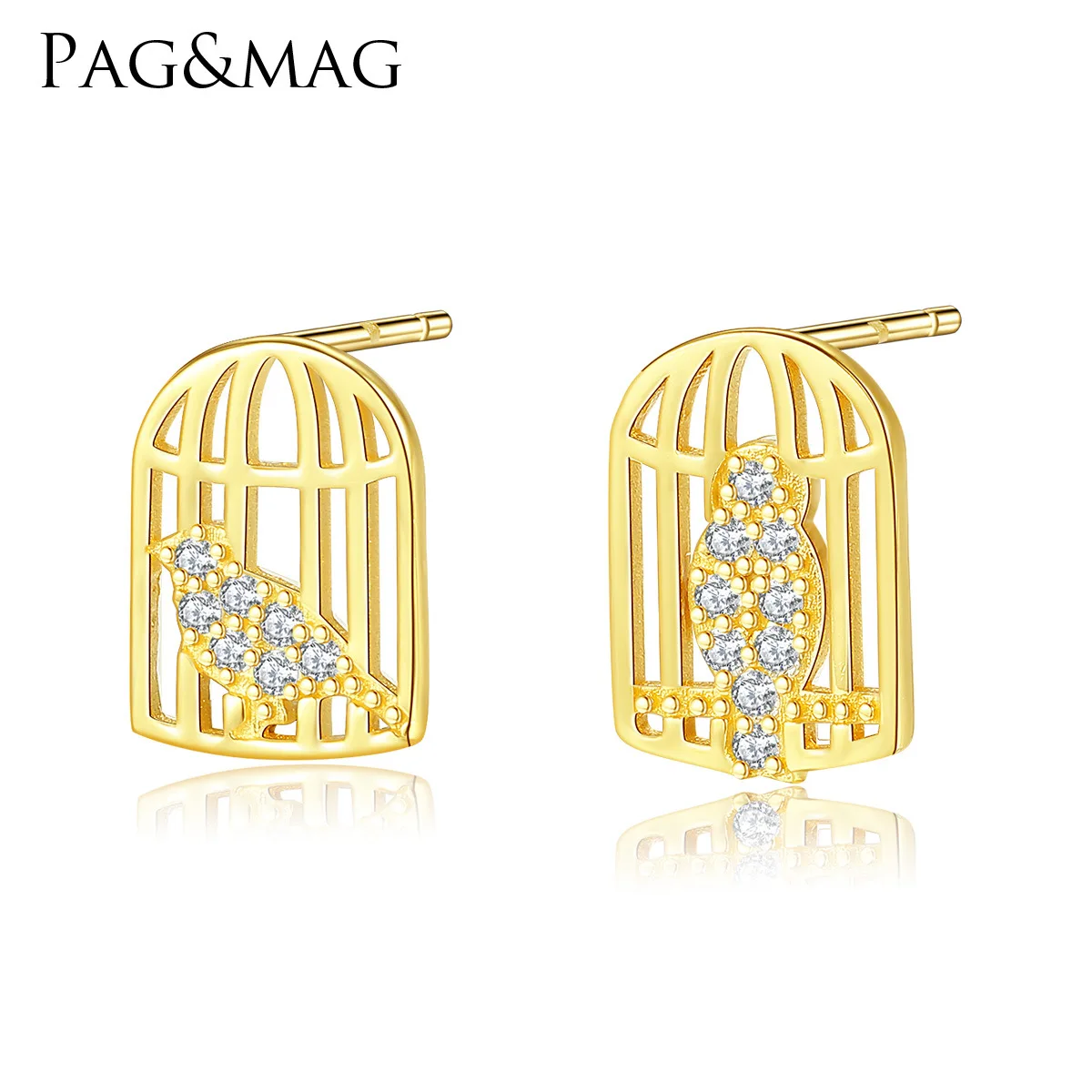 PAG-MAG S925 Pure Silver Ear Nails Creative Court Birdcage Asymmetric Ear Nails Silver