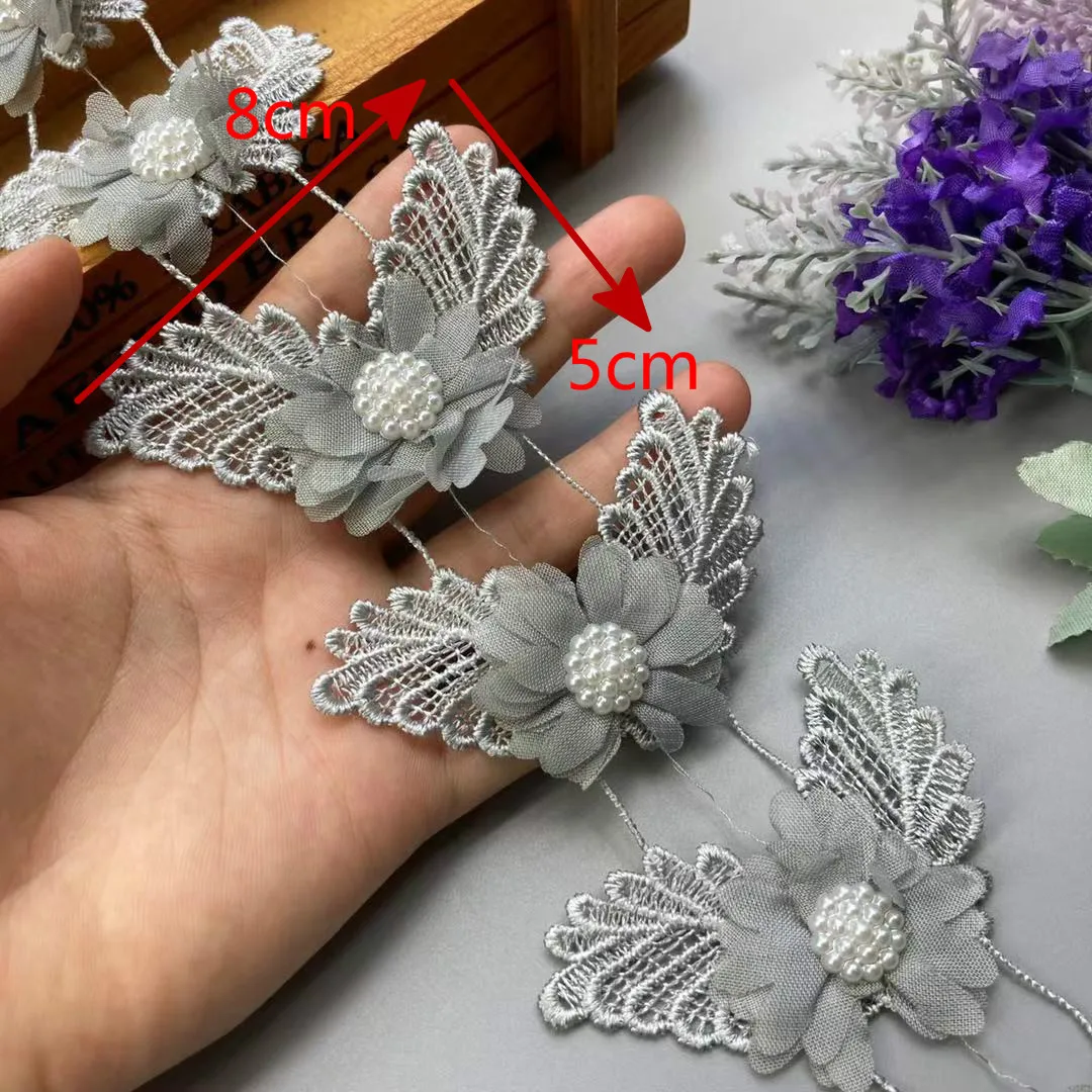 1 Yard Gray Pearl Beaded Lace Trim Ribbon Fabric Flower Butterfly Handmade Embroidered Applique Wedding Dress Sewing Craft Decor