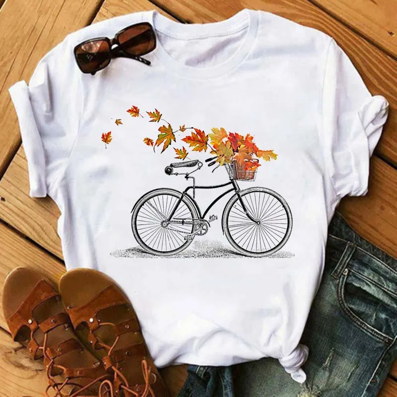 Harajuku Graphic Short Sleeve White T-shirt Casual Woman Top Tee Summer Women's  Bike and Sunflower Printed 