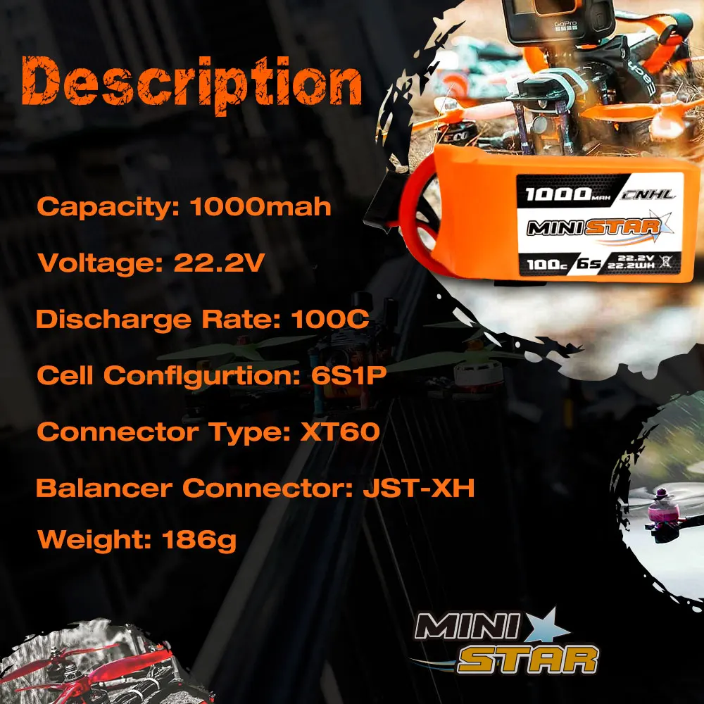 2PCS CNHL Lipo 6S 배터리 22.2V 1000mAh 100C 미니스타 시리즈 XT60 미니 쿼드 RC FPV 드론 Quadcopter 헬리콥터 비행기
