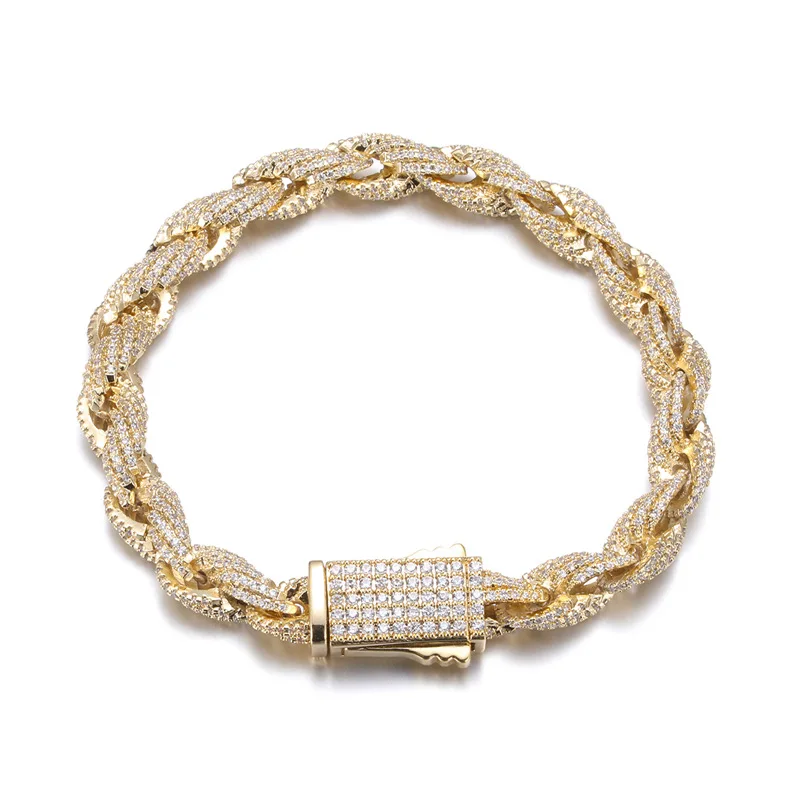 

HIP Hop Full CZ Stone Paved Bling Iced Out 8mm Twist Rope Link Chain Bracelet for Men Rapper Jewelry Gift Gold Silver Color