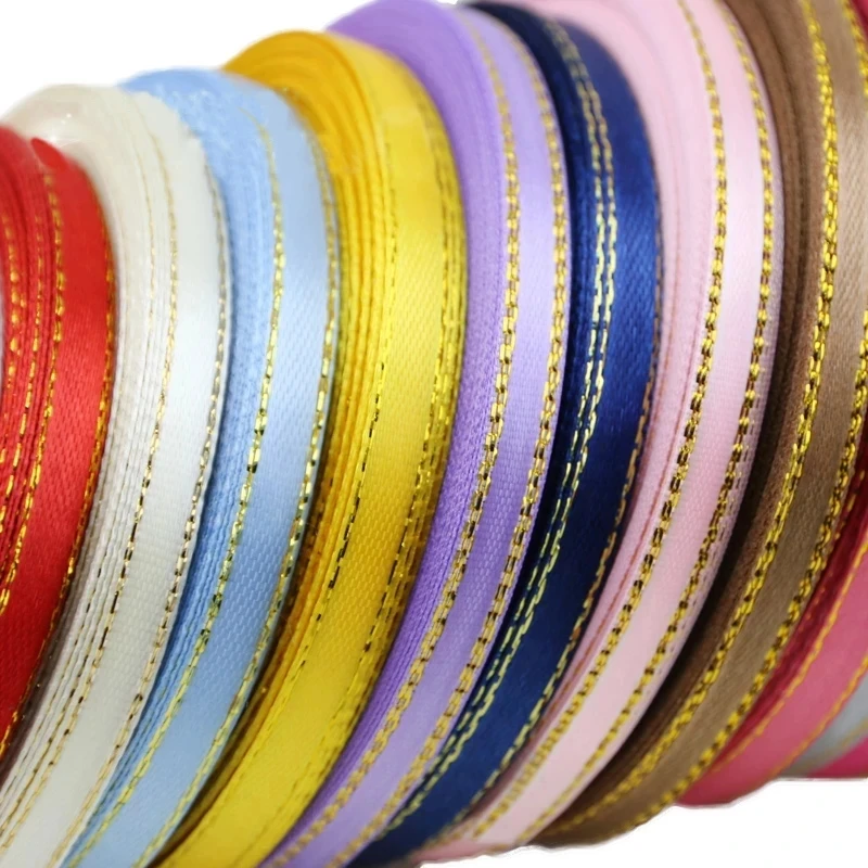 (25 Yards/roll) 6mm Gold Edged Single Face Satin Ribbon Wholesale Gift Packing Christmas Decoration Manual DIY Ribbons Fabric