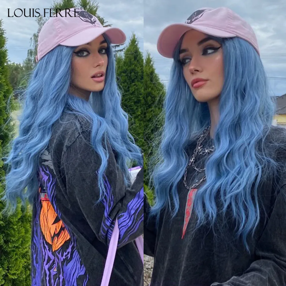 LOUIS FERRE Long Blue Water Wave Cosplay Synthetic Wig Blue Daily Wigs with Bangs for Women Colorful Party Heat Resistant Hair