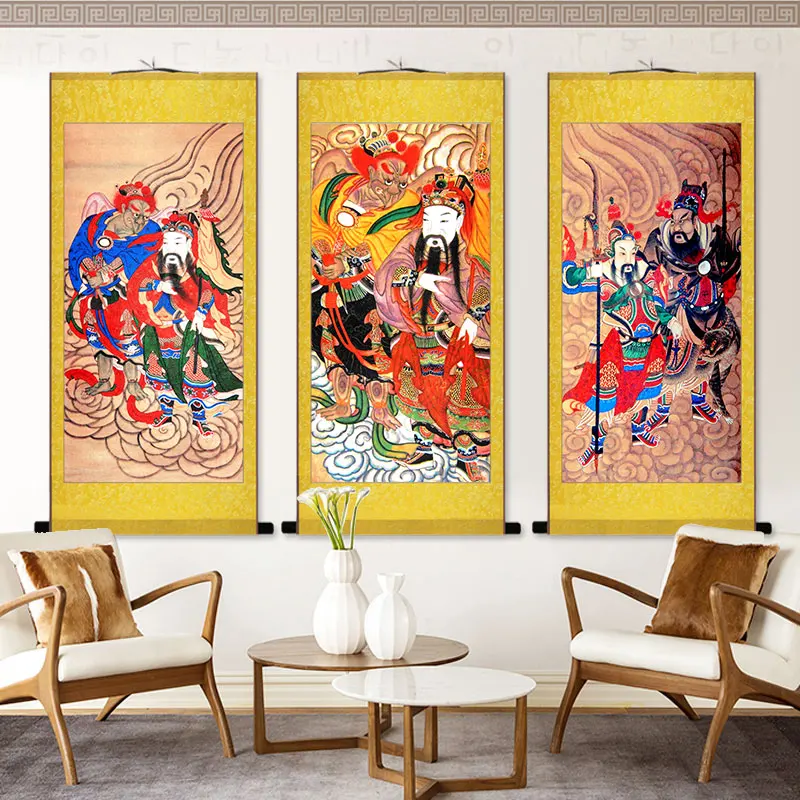 Taoism, the four marshals of Dharma protection,  Exquisite Taoist Feng Shui silk scroll hanging painting