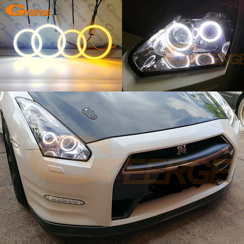 For Nissan Skyline R35 GTR GT-R 2007-2016 Ultra Bright A/W Switchback Day Light Turn Signal SMD LED Angel Eyes Kit Halo Rings