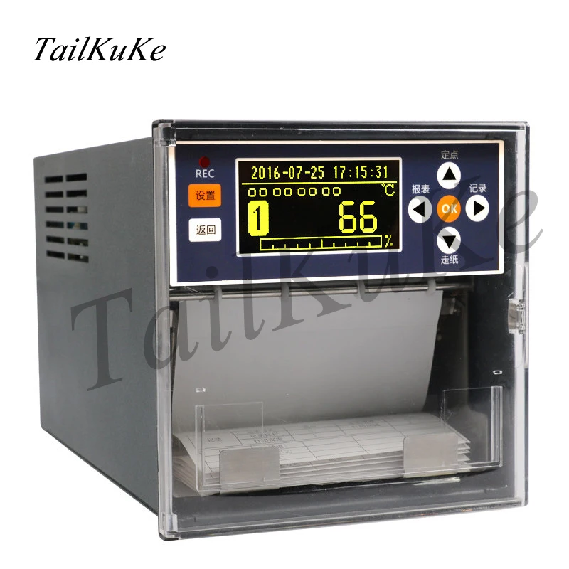 Thermal printer with paper recorder, paper curve recorder with dots, temperature recorder with temperature and pressure