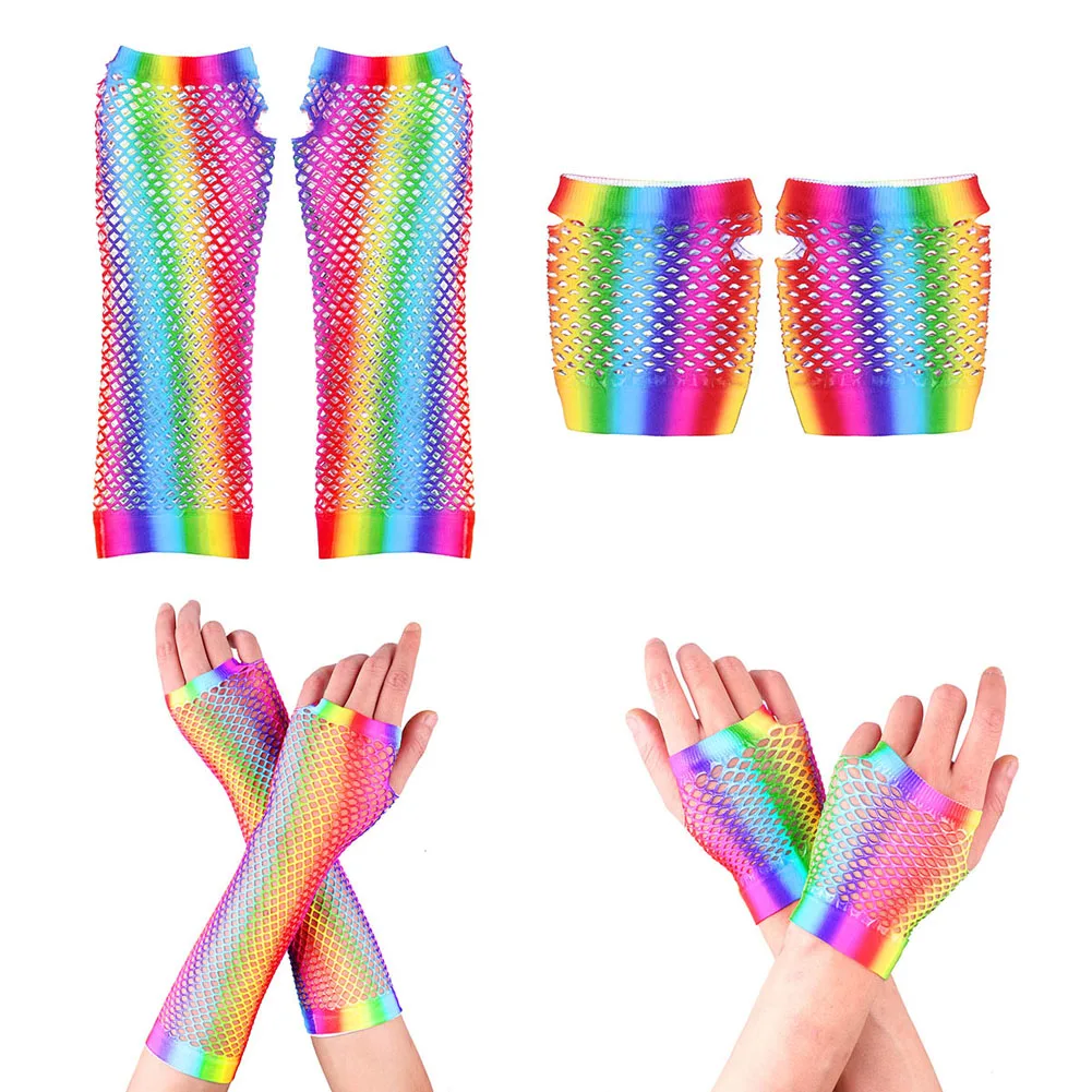 New Ladies Sexy Rainbow Color Mesh Net Fishnet Gloves Hollow Out Holes Fingerless Gloves Lady Disco Dance Costume Half Mittens