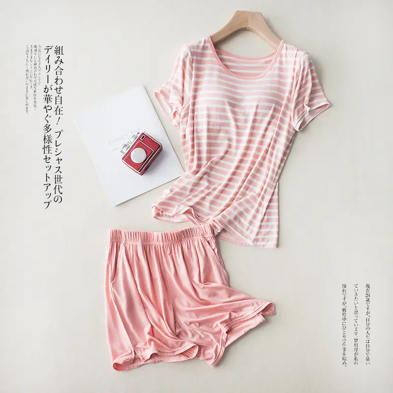 New Modal Lady Short Sleeve Pajamas Set With Bra Pad Bra One Piece Half Sleeve Shorts Striped Loose Large Size Home Wear Set - Image 2
