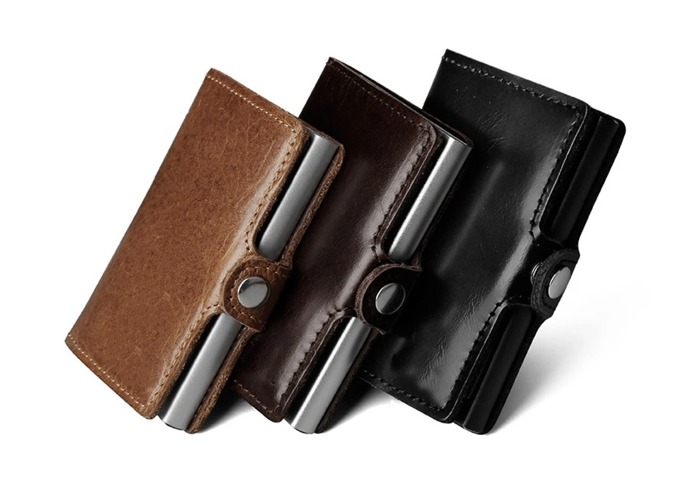 HUMERPAUL Heißer Echtes Leder Kredit Pop-up Karte Halter Brieftasche Männer Metall RFID Blocking Aluminium Business Bank Karteninhaber Fall – Detail 1