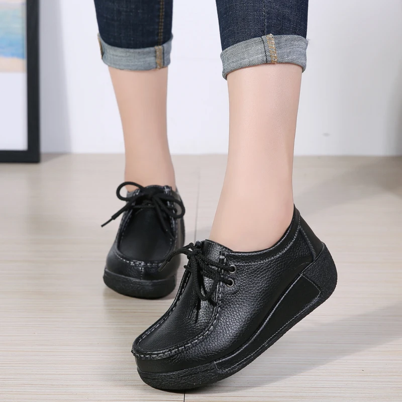 Woman Breathable Leather Lace-up Sneakers Women Fashion Black Soft Casual Shoes Female Women Flats Comfortable Loafers Shoes