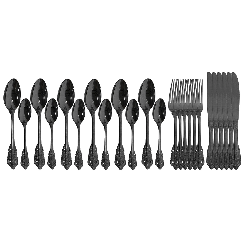 

24Pcs Black Luxury Dinnerware Set 18/10 Stainless Steel Dinner Silverware Knife Fork Spoon Cutlery Set Kitchen Tableware Set