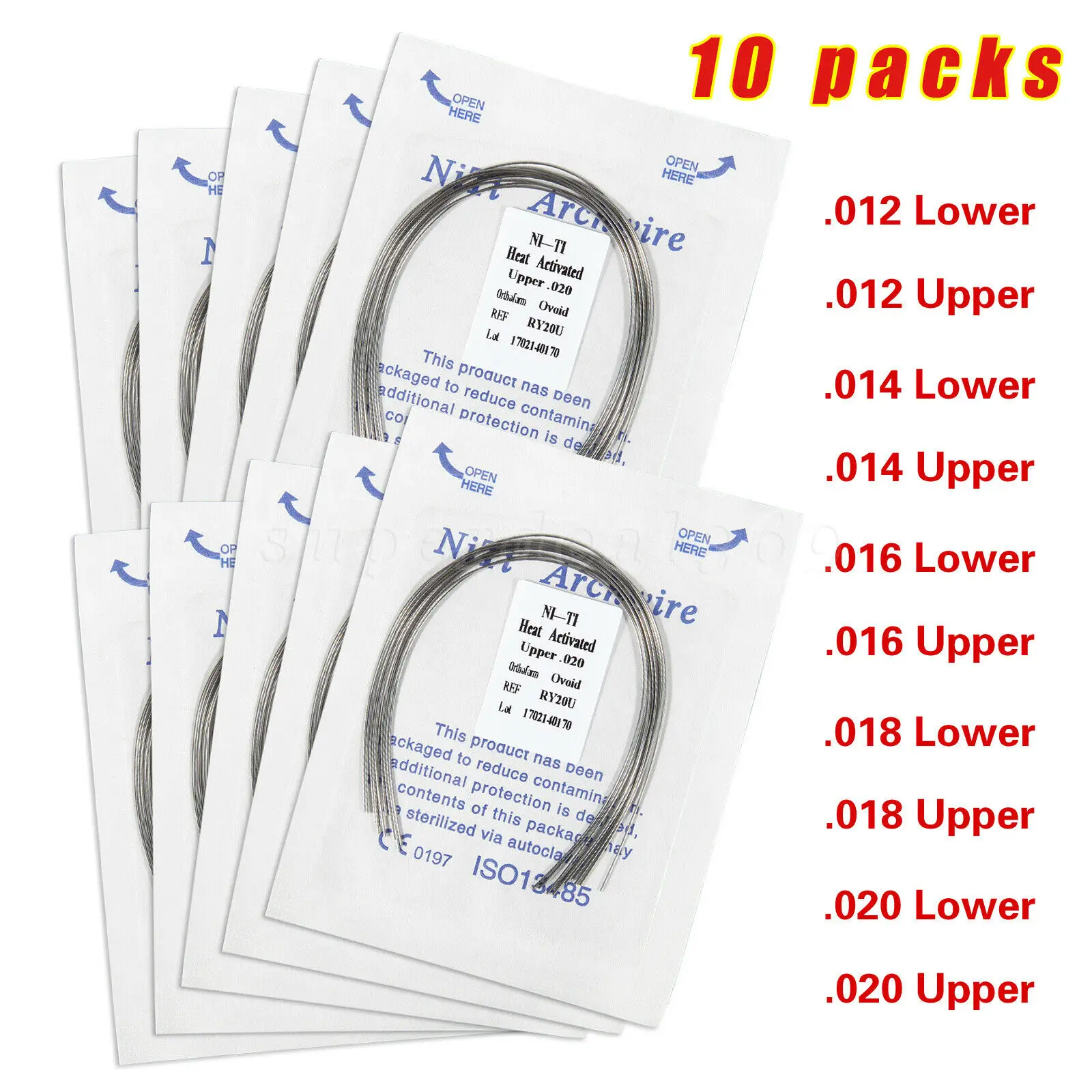 10 Packs Dental Orthodontic Brackets Heat Activated NiTi-Round Ovoid Form Arch Wires 12/14/16/18/20 Upper/Lower Teeth Adjustment