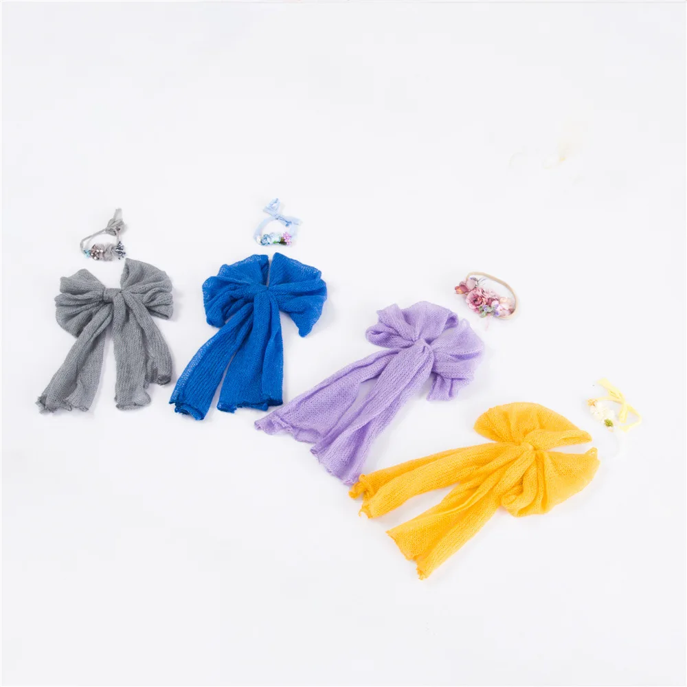 Baby Newborn Photography Props Blanket Wrap Wool Knitted Bow Baby Headband Shoot Studio Accessories