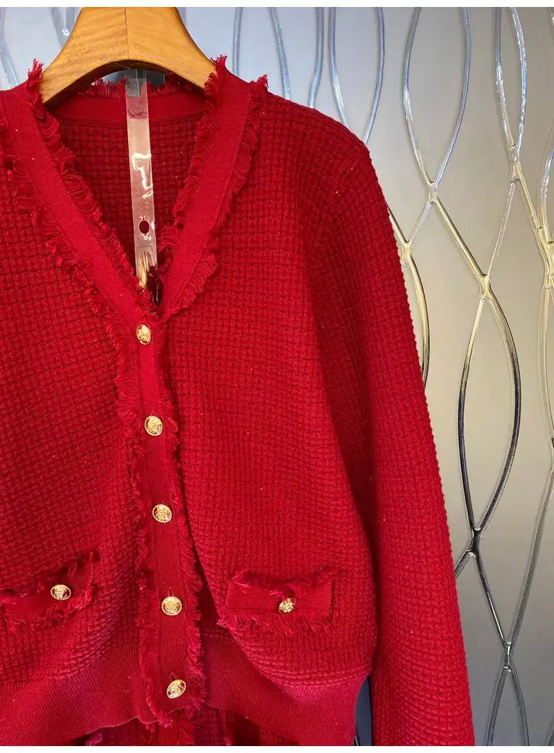 100%Wool Sweater Sets 2021 Winter 2 Piece Knitted Set Women V-Neck Golden Button Pocket Deco Red Cardigan Top+Red Skirt Sets