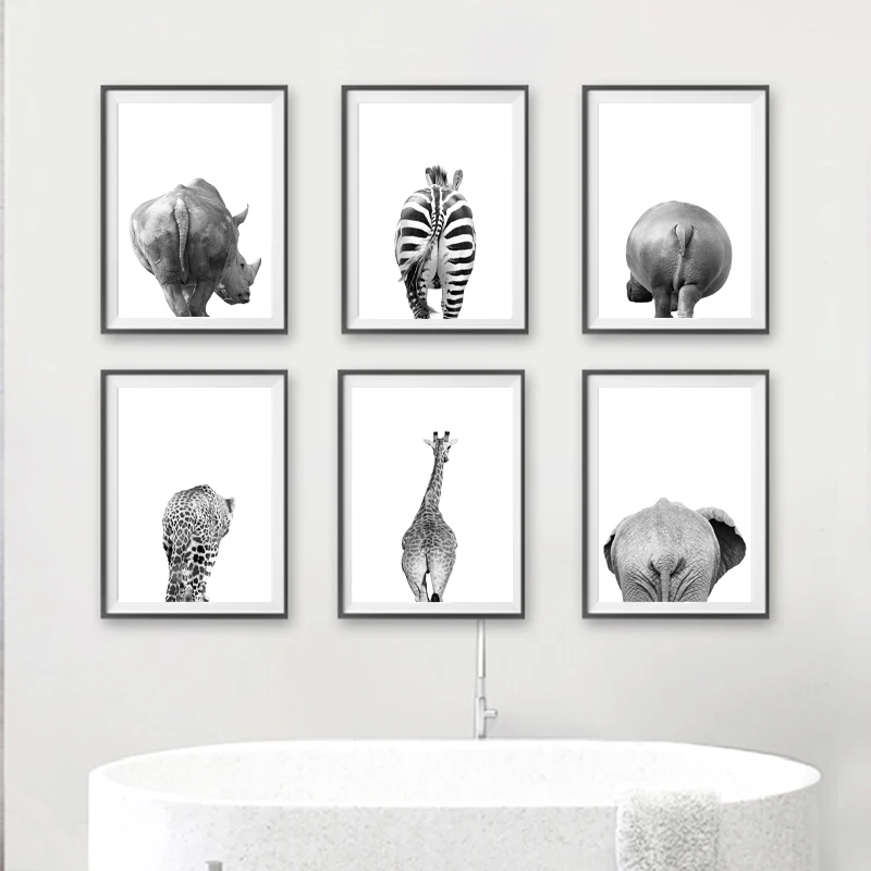 Safari Animals Butt Black White Canvas Poster Bathroom Wall Art Pictures Elephant Giraffe Zebra Painting Prints Nursery Decor