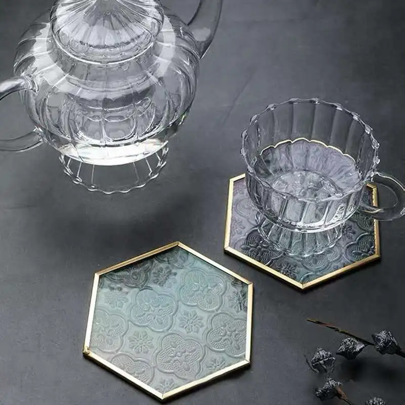 Retro Window Grille Glass Coaster European Gold Copper Embossed Pattern Hexagonal Glass Coaster Dining Insulation Pad