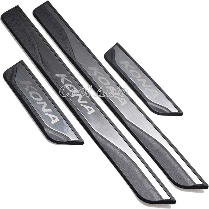 For Hyundai KONA EV Accessory 2024 2023-2017 Carbon Stainless Car Door Sill Kick Scuff Plate Protector Trim Cover Guard Pedal