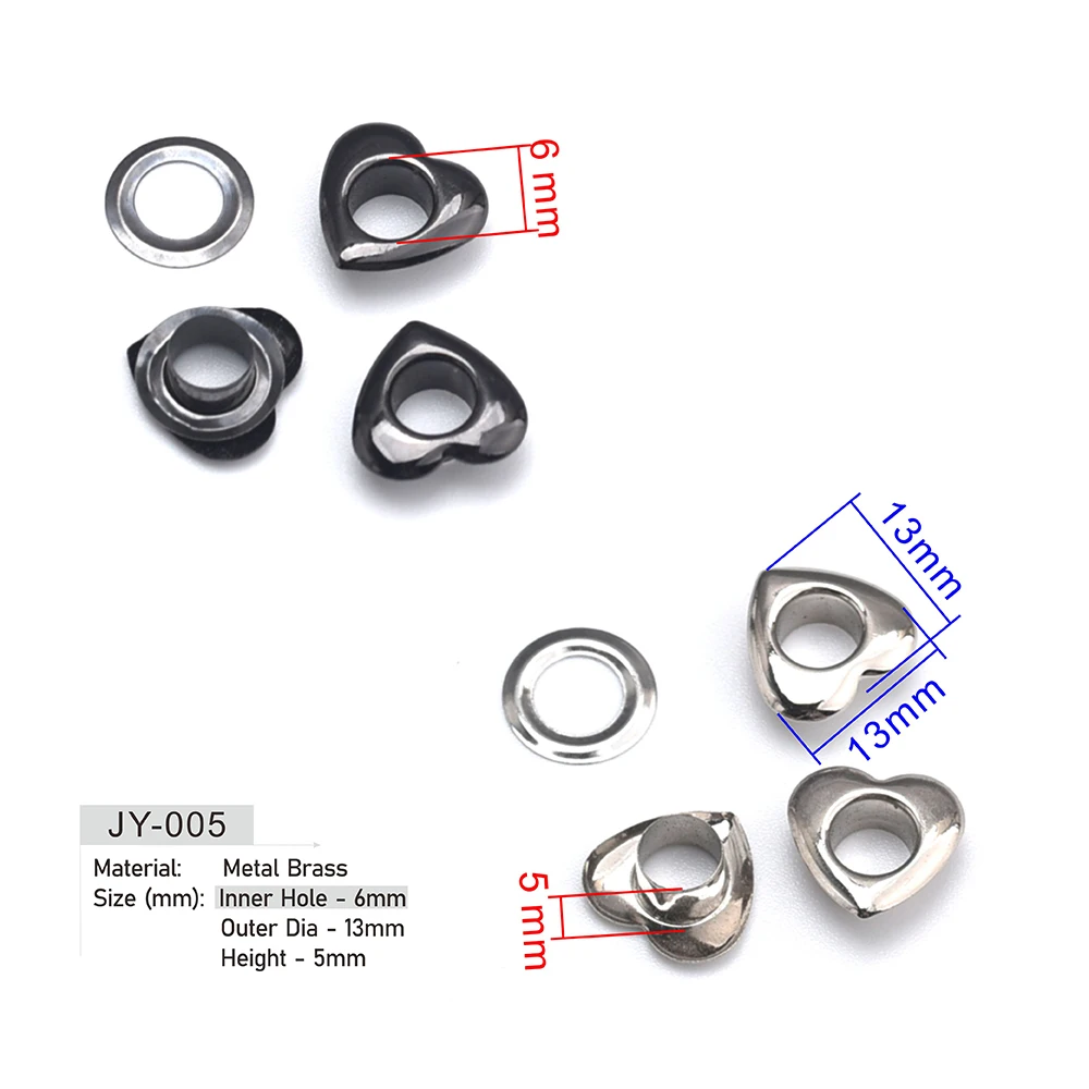 200 مجموعات/وحدة ثقب داخلي 6 مللي متر ثقوب نحاسية معدنية + حلقات على شكل قلب لغسالة أداة تثبيت لامعة فضية/أسود نيكل شحن مجاني JY-005