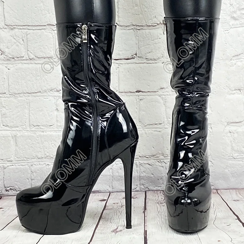 Olomm Handmade Women Winter Mid Calf Boots Zipper Patent Leather Thin High Heels Round Toe Black Club Shoes Plus US Size 5-20