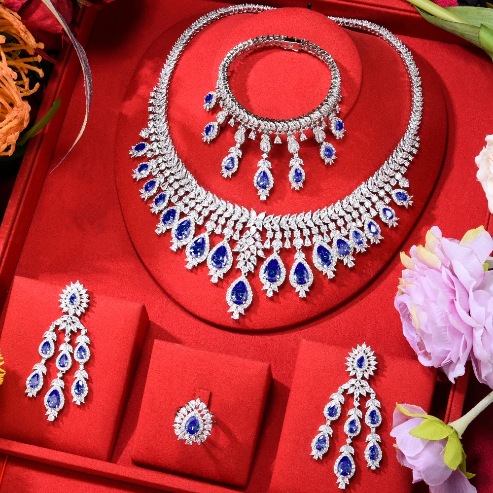 

KellyBola Luxury High Quality Zircon 4PCS Jewelry Set for Women Wedding Banquet Show Fashion Emerald Trend Jewelry Accessories