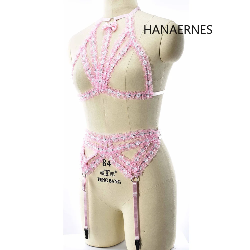 HANAERNES Pink Kawaii Wanita Body Harness Bra Renda Elastis Kandang Bra Stretch Hitam Hollow Hollow Bra Korset Set Wanita crop Top