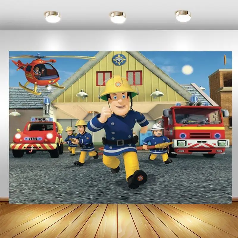 Fireman Sam Backdrop Red Firetrucks Boys Happy Birthday Party Custom Photo Diamond Embroidery Sale Diamond Mosaic Home Decor