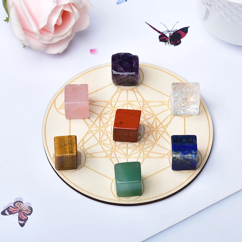 1Set Natural Crystal Cube Stone Seven Chakra Healing Stone Seven Star Array Wood Plate Cube Yoga Chakra Home Decor Diy Gift