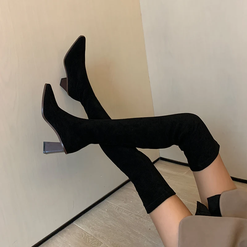 Taglia 33-43 stivali sopra il ginocchio da donna scarpe cachi nere stivali da coscia elastici Sexy a gamba sottile da donna abito scamosciato per